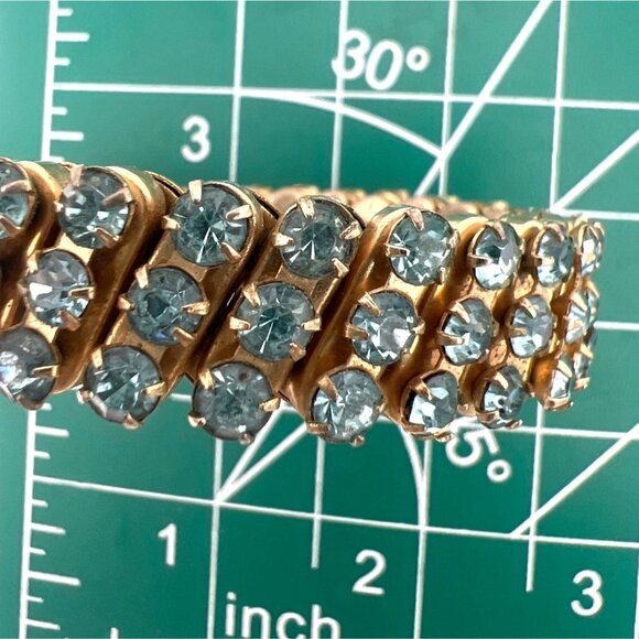 Vintage Expandable Bracelet Sky Blue Rhinestones Prong Set Metal Hinged Gold Ton - Picture 5 of 8